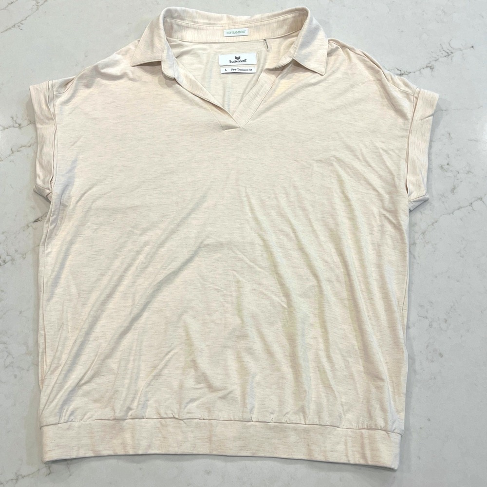 Buttercloth Icy Bamboo Polo Shirt Womens L Cream Pre-Tucked Fit V-Neck Short Slv